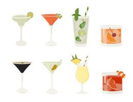 Set of classic cocktails. Different alcoholic drinks in various glasses. Summer aperitif garnish with lime twist, orange slice, olive skewer, cherry. Vector illustration of soft and alcohol beverages.