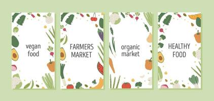 Vertical banner with different colorful vegetables for farmer market or menu design. Healthy food card. Frame or border with various organic local products poster template. Vector flat illustration.