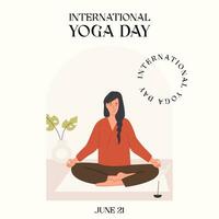 internacional yoga día cuadrado póster. de moda bandera para yoga día. mujer meditando en yoga loto postura. mental salud tarjeta para bienestar centrar o yoga estudio. vector ilustración en plano estilo.