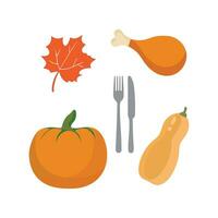 Thanksgiving icons. Autumn elements with roast turkey. pumpkin, pilgrim hat, pie, vegetables, fruits. Autumn holiday season. Vector illustration