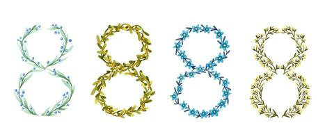 Set of number 8 with different flowers. Botanical composition fo vector