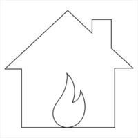 Burning house continuous single line hand drawing icon and fire safety outline vector art illustration