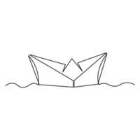 Continuous single line art drawing of paper boat sailing on the water river outline vector illustration