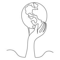 Global map green earth planet world ecology of continuous one line art drawing earth day outline vector illustration