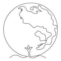 Global map green earth planet world ecology of continuous one line art drawing earth day outline vector illustration