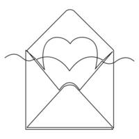 Continuous one line art drawing letter envelope with love celebration outline vector illustration