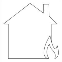 Burning house continuous single line hand drawing icon and fire safety outline vector art illustration