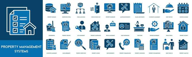 propiedad administración sistemas contorno icono recopilación. propiedad base de datos, reserva sistema, habitación asignación, propiedad panel, mantenimiento peticiones, cheque en y cheque afuera, facturación y pagos vector