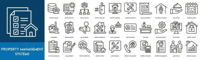 Property Management Systems Outline Icon Collection. Property Database, Reservation System, Room Allocation, Property Dashboard, Maintenance Requests, Check In and Check Out, Billing and Payments vector