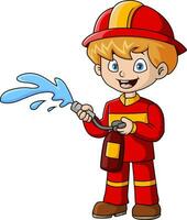 Cute firefighter boy holding fire extinguisher vector