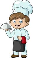 Cute chef boy cartoon holding a silver platter vector