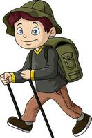 Cute traveler boy cartoon with walking stick vector