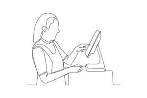 Continuous one line drawing Customers paying at checkout and cashier counters concept. Doodle vector illustration.