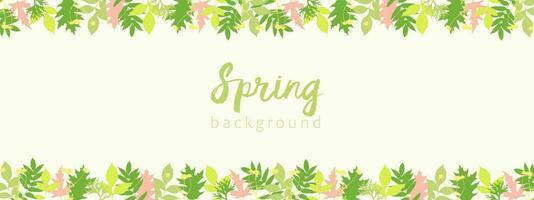 Spring light green background banner horizontal with bright young spring leaves and twigs. vector