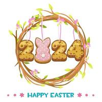 Happy Easter. Template for postcard or invitation. A wreath of spring flowers and an inscription of 2024 cookies. vector