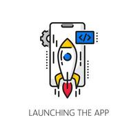 App develop and launch, mobile software line icon vector