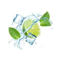 Mojito, ice cubes, lime fruit, realistic splash vector