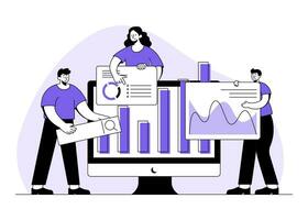 negocio personas analizando y supervisión en financiero informes y inversiones tablero monitor, negocio datos analítica, seo analítica mejoramiento, analítica y investigación vector