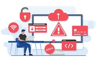 Cybercrime flat illustration concept, Fraud scam, Hacker steal private data on device, Internet fraud, Online phishing, Bulgar steal, Malware, password phishing, DDOS attack, Credit card scam vector