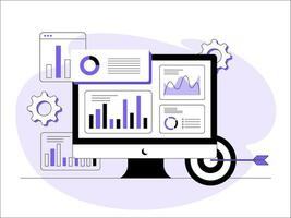 Search result optimization SEO marketing analytics flat vector illustration, SEO performance, Targeting and monitoring, Data analytics, business analysis, Market research, Product testing