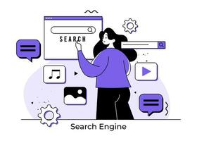 Female character using browser search window for query, Engine giving result, SEO search engine optimization, Browser window, Target online audience with digital marketing strategy, Content marketing vector