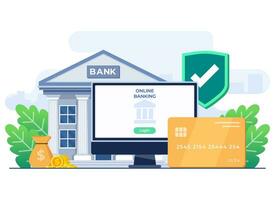 Log into online bank account with computer flat illustration, Online bank login page with username and password, Money transfer and cash withdrawal, Digital wallet, Secure access to personal account vector