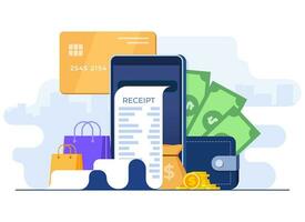 Make a payment on Internet using credit or debit card concept flat illustration, E-commerce, Online shopping, Mobile banking, Electronic receipt, Cashless payment, Secure transaction, Digital bill vector