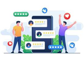 Customer feedback flat illustration banner for ui ux, social media, Positive ratings on smartphone, Customer satisfaction, Review, online survey, People evaluate product, service, application, website vector