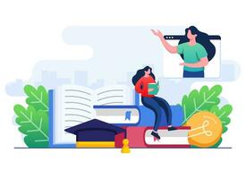 Female student learning online scene flat illustration vector template, Remote education, e-learning, online course, online webinar, video tutorial, Distant learning