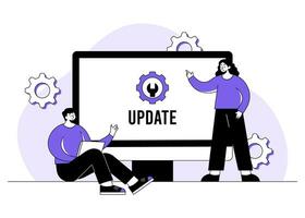 Computer with software update screen flat vector illustration, System maintenance, update process, install software, operating system, PC bug fixing, System or web application upgrade procedure