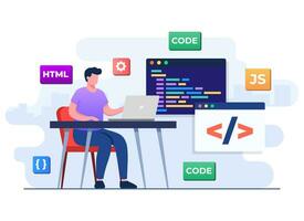 Web developer wiring code or program using laptop, Computer programming, Java, HTML symbols, Web design, Software, application design, programming languages, developing, website vector