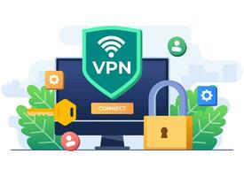 Virtual private network, VPN, Secure web traffic, Encrypted data transfer, Secure network access, Safety on internet, Data protection, Cybersecurity, Remote server, Cloud technology vector