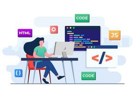 Web developer wiring code or program using laptop, Computer programming, Java, HTML symbols, Web design, Software, application design, programming languages, developing, website, programmer vector