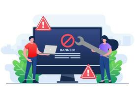 Blocked or banned website, system, connection, Ad blocking software, Banned user account flat illustration vector banner for landing page, social media, website, mobile apps