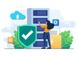 Software engineers with cloud data storage security, Cyber security, Database storage, Online hosting technology, Cloud Protection, Data backup, File sharing, Secure personal data flat illustration vector