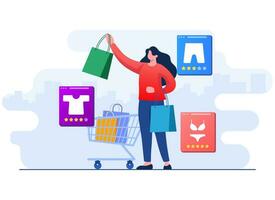 orden ropa en línea, compras concepto, hembra cliente personaje con compras pantalones plano ilustración concepto, lata usado para web bandera, infografía, aterrizaje páginas, ui, social medios de comunicación vector