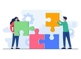 Businesspeople join jigsaw puzzle pieces flat illustration vector template, Teamwork, Partnership, Cooperation, Achievement, Solution, Problem-solving