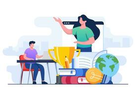 Online education flat vector illustration, Remote education, e-learning, online course, online webinar, video tutorial, Distant learning