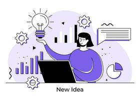 Finding new ideas, problem solving concept flat illustration, Light bulb as a symbol of new idea and finding solution, Female character brainstorm for new ideas vector