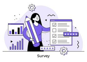 Female character filling survey concept flat illustration, Customer experience and satisfaction, Quiz exam paper sheet document, clipboard with checkboxes, checklist, complete tasks, To-do list vector