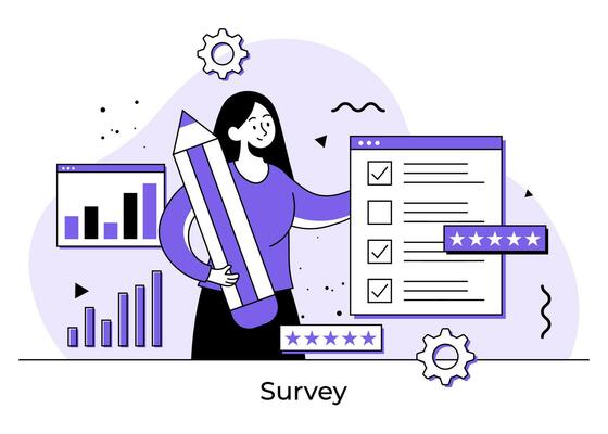 Female character filling survey concept flat illustration, Customer experience and satisfaction, Quiz exam paper sheet document, clipboard with checkboxes, checklist, complete tasks, To-do list