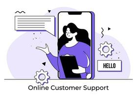 Woman answering customers' problems, Online customer service concept flat illustration, Telemarketing agents, Hotline operator, Call center, Online technical support vector