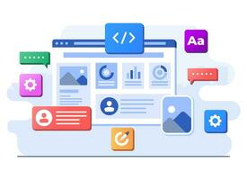 Interface elements and browser windows on browser window, Web design, UI UX, Software development, Web design, Application design, Coding, Web development flat illustration for landing page vector