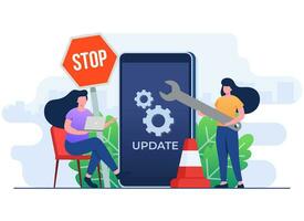 System maintenance, Error, Fixing trouble, Device updating, Software system under maintenance vector illustration, Software upgrade process on smartphone, System update, People update operation system