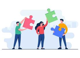 Businesspeople connect jigsaw puzzle pieces flat illustration vector template, Teamwork, Partnership, Cooperation, Achievement, Solution, Problem-solving, New idea