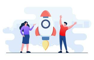 Businesspeople successfully launches rocket, Startup business concept flat illustration vector template, New idea, product, project, Innovation, and creativity concept for landing page, web banner