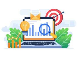 negocio actuación datos análisis plano ilustración concepto, buscar motor mejoramiento, mercado investigación cuadro, datos analítica, financiero informe, negocio estrategia, financiero pronóstico vector