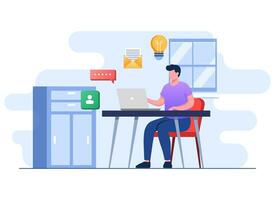 Young businessman working on computer flat illustration concept, Freelancer at a convenient workplace vector