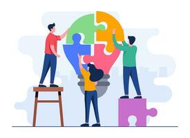 Finding new ideas, Business people join jigsaw puzzle pieces flat illustration vector template, Teamwork, Partnership, Cooperation, Achievement, Solution, Problem-solving,