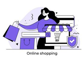 hembra personaje orden productos desde en línea tienda, sitio web, en línea compras plano ilustración concepto, comercio electrónico, especial oferta, en línea ropa Tienda vector